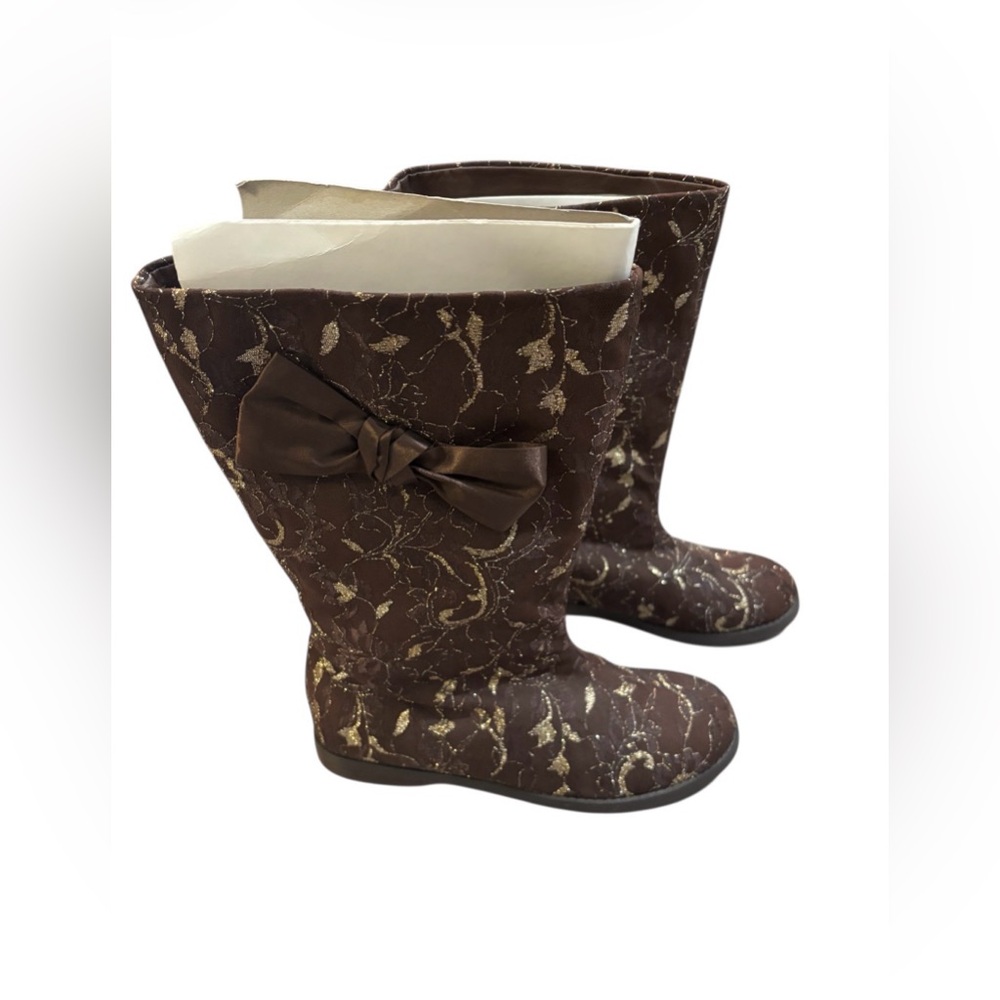 Joan Boyce Brown Boots w/Gold Embroidered Design & Brown Satin Bow Sz-9.5 W NWOB - Picture 10 of 16